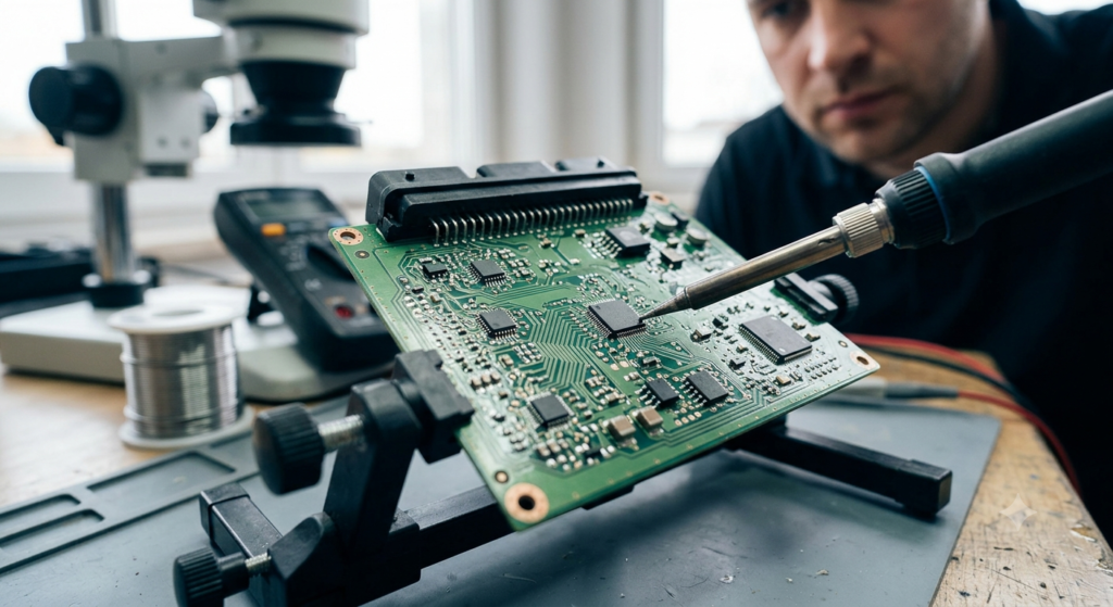 Technician performing a precise repair on an automotive Engine Control Unit (ECU) circuit board using a soldering iron
