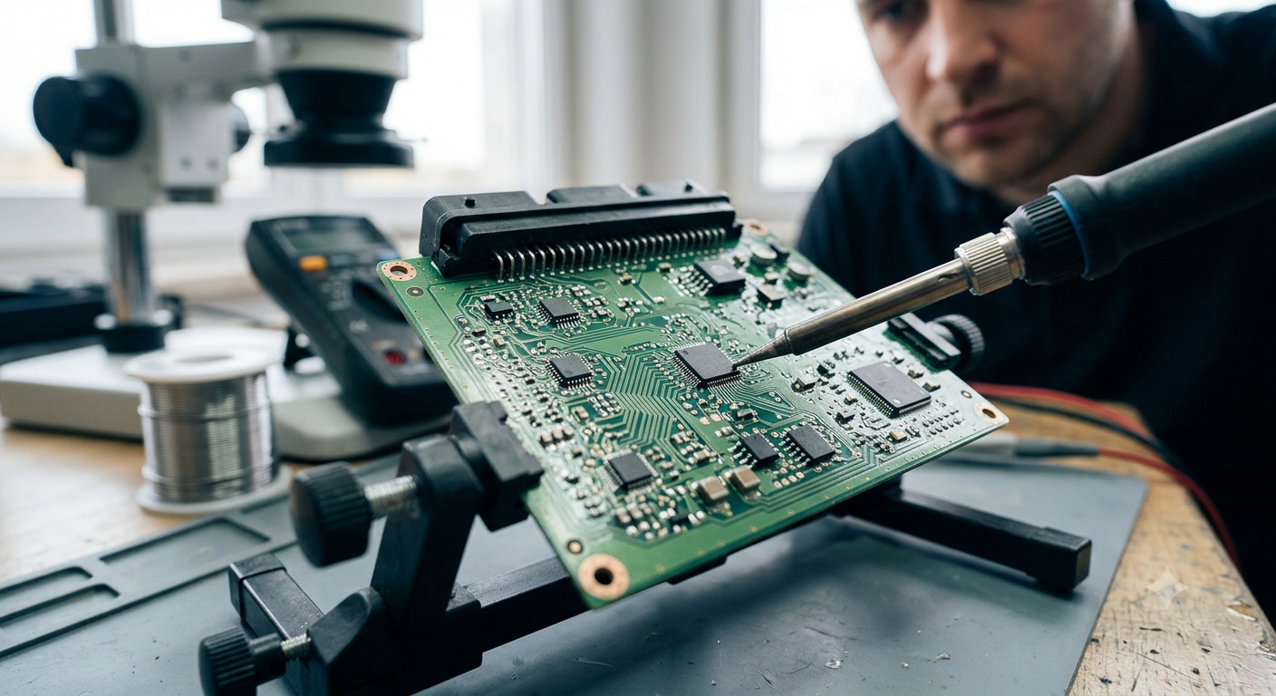Technician performing a precise repair on an automotive Engine Control Unit (ECU) circuit board using a soldering iron